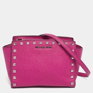 Michael Kors Selma Mini Studded Leather Messenger Crossbody Bag Pink Fuchsia